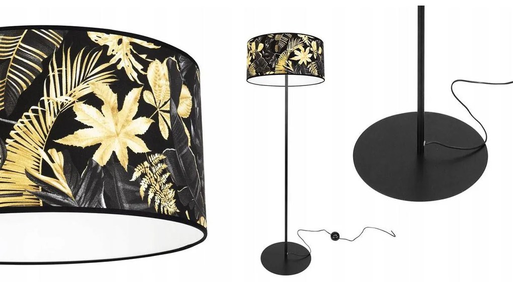 Stojacia lampa Gold Flowers, 1x čierne textilné tienidlo s kvetinovým vzorom, (fi 40cm), o