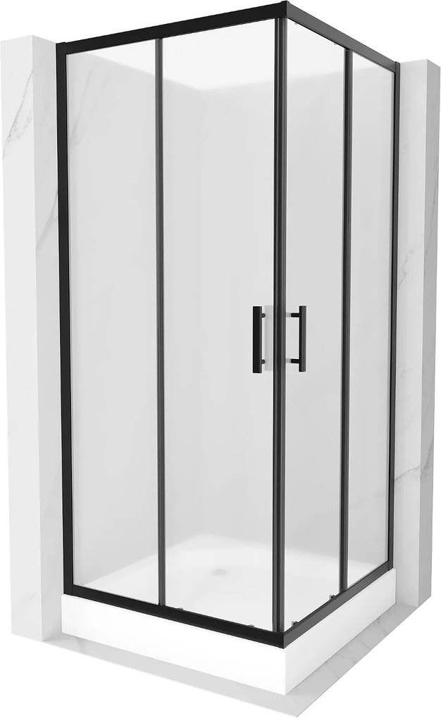 Mexen Rio, sprchový kút s posuvnými dverami 90x90x190 cm, 5mm sklo námraza, čierny profil + biela sprchová vanička RIO, 860-090-090-70-30-4510
