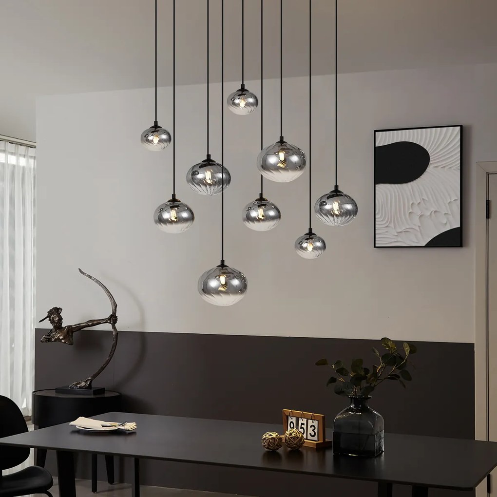 Moderné závesné svietidlo čierne s dymovým sklom 9-svetiel - Jia