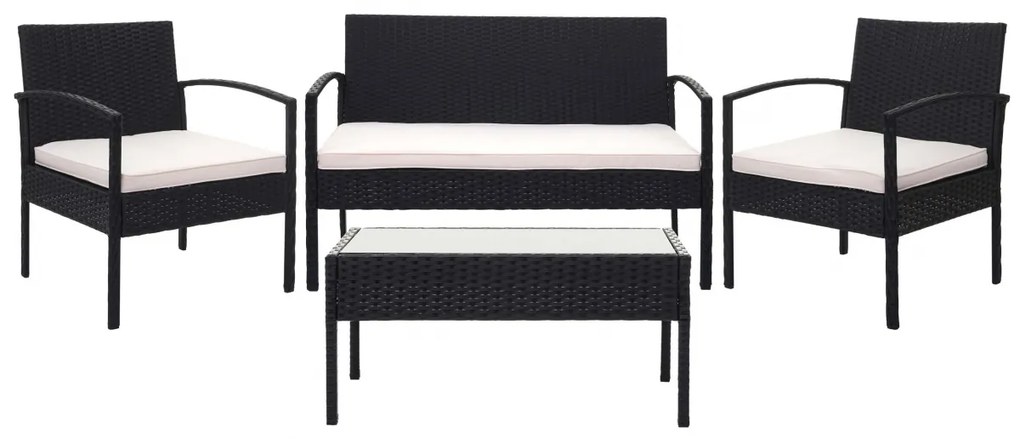 Záhradná súprava 2 kresiel, pohovky a stolíka HWC-F56 - čierna, krémové vankúše