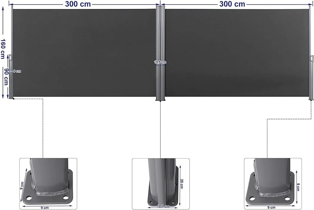 Obojstranná, výsuvná markíza 160cm x 600cm, šedá