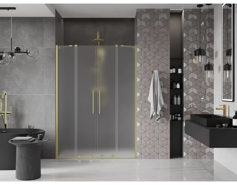 Mexen Velar Duo, posuvné sprchové dvere do otvoru 150 cm, 8mm sklo námraza, zlatá matná, 871-150-000-32-55