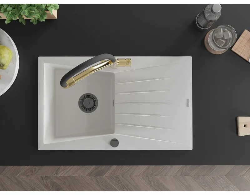 Mexen Cesar, 1-komorový granitový drez 775x470x190 mm a drezová batéria Duo, biela, 6514-20-671701-57-B