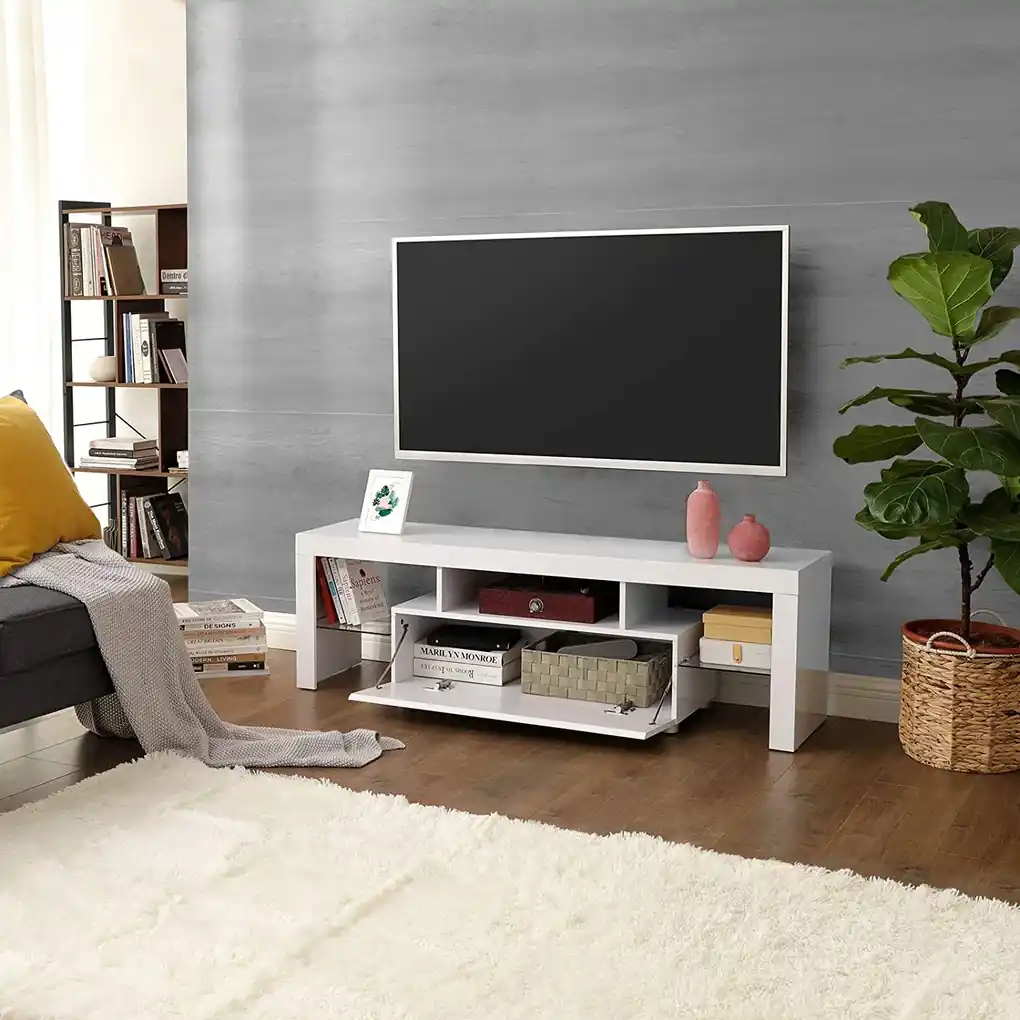 VASAGLE TV stolík biely farebné LED podsvietenie 140 x 45 x 35 cm | BIANO