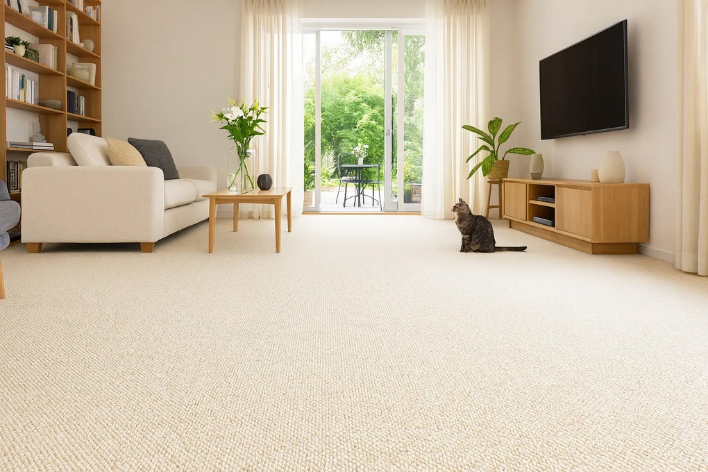 Avanti, Koberec metráž Alfawool 86 biely, na mieru, šíře 4m,5m, béžová, ab (mriežka), obývacia izba