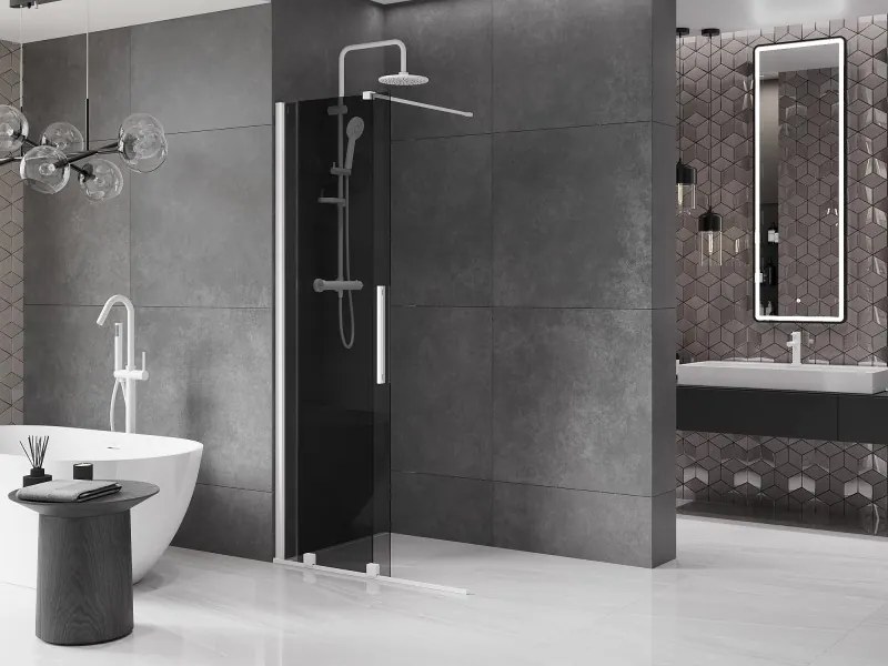 Mexen Velar, sprchová zástena s posuvnými dverami Walk-in 85 x 200 cm, 8mm šedé sklo, biela matná, 871-085-000-43-20