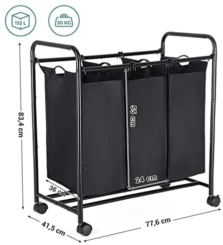 Kôš na prádlo, 3 odnímateľné priehradky, 81,5x77x41cm, čierny