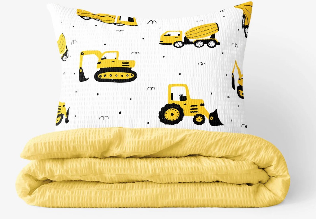 Goldea detské krepové obliečky duo - bagre a stavebné autá so žltou 140 x 200 a 70 x 90 cm