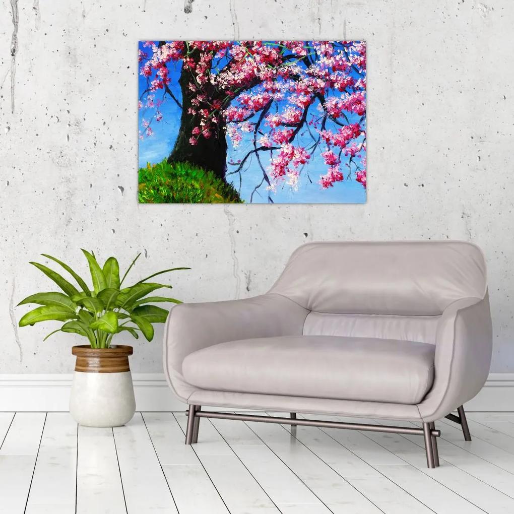 Sklenený obraz maľované rozkvitnuté čerešne (70x50 cm)