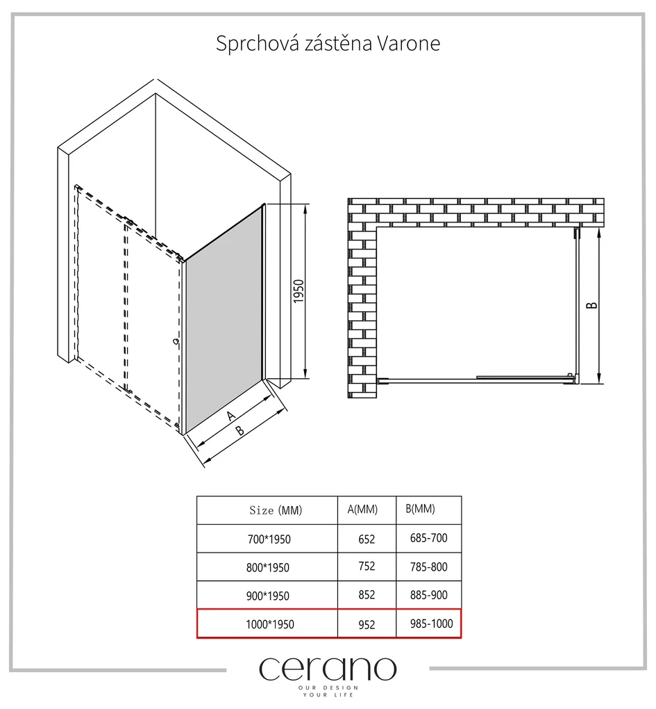 Cerano Varone, sprchovací kút s posuvnými dverami 120 (dvere) x 70 (stena) x 195 cm, 6mm číre sklo, chrómový profil, CER-CER-DY505-12070