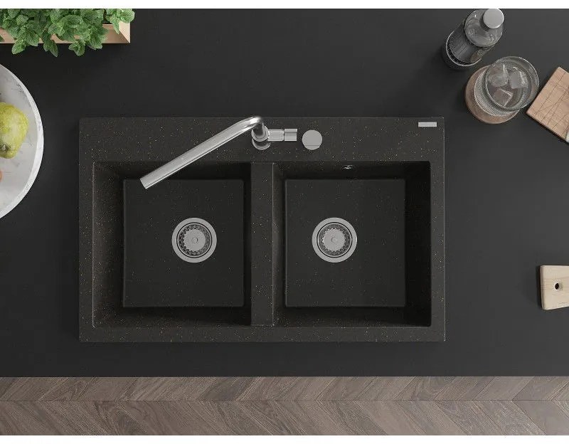 Mexen Hektor, 2-komorový granitový drez 800x480x205 mm, čierna-zlatá metalíza, chrómový sifón, 6521802000-75