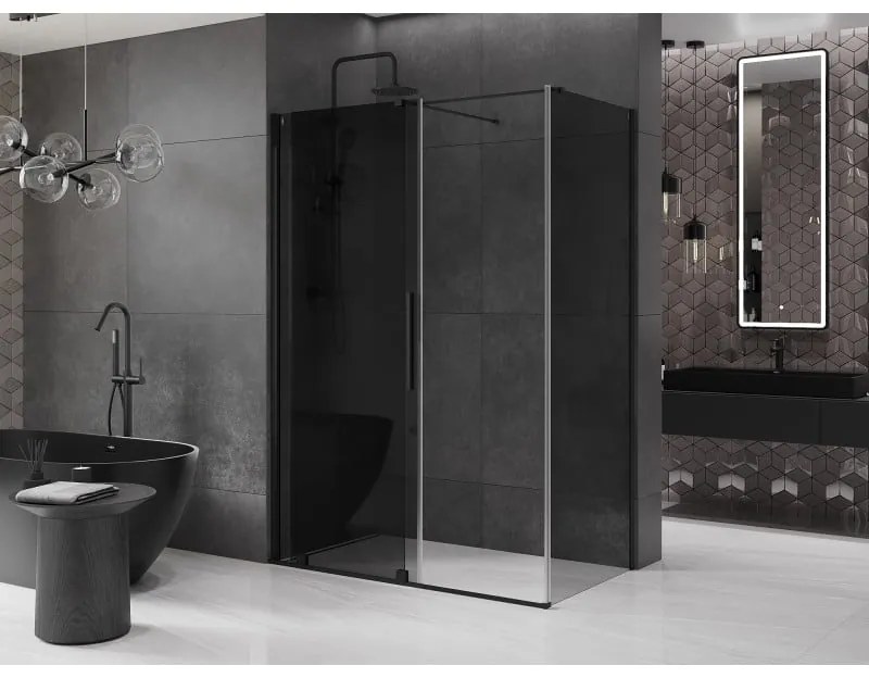 Mexen Velar, sprchový kút s posuvnými dverami 150 x 85 cm, 8mm šedé sklo, čierna matná, 871-150-085-41-70