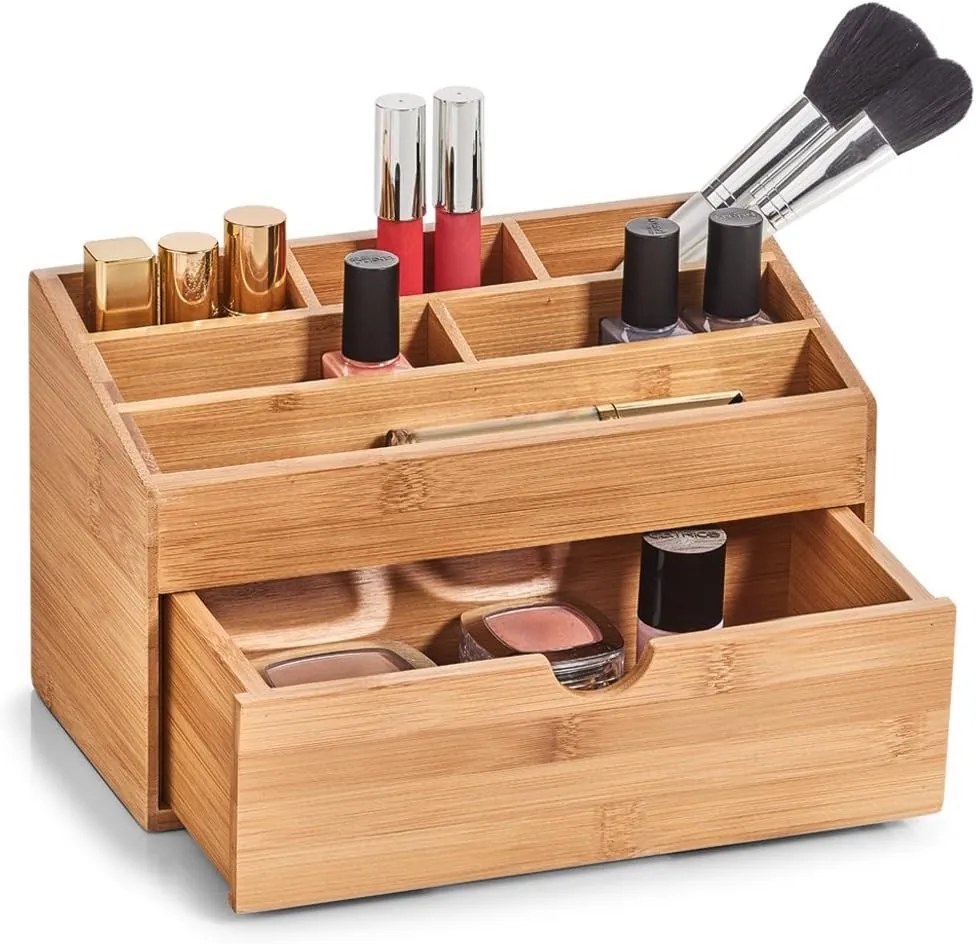 Organizér na kozmetiku, na stôl, 6 priehradiek + zásuvka, bambusový THINGS6
