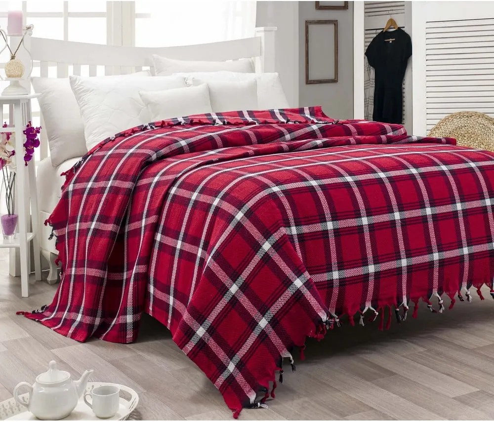 Ľahký bavlnený pléd na posteľ Iskoc Red, 200 x 240 cm