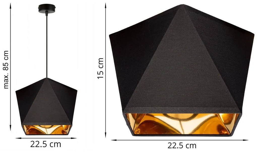 Závesné svietidlo Diamond gold, 1x čierne/zlaté textilné tienidlo