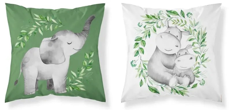 Detská bavlnená obliečka na vankúš so slonom a hrochom - obojstranná Šírka: 40 cm | Dĺžka: 40 cm