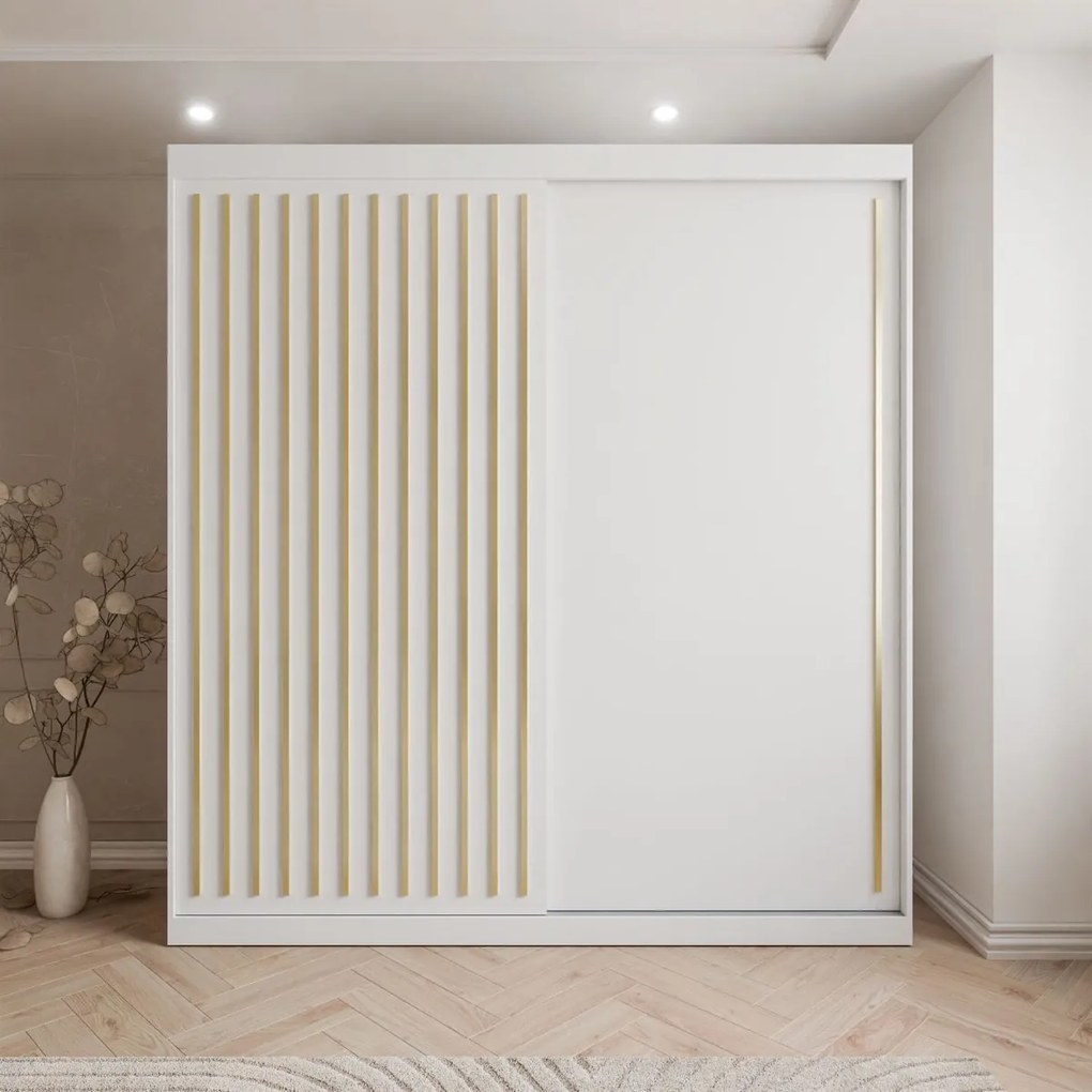 ŠATNÍKOVÁ SKRIŇA S POSUVNÝMI DVERAMI CYNTIA BIELA + ZLATÉ LIŠTY 200 cm