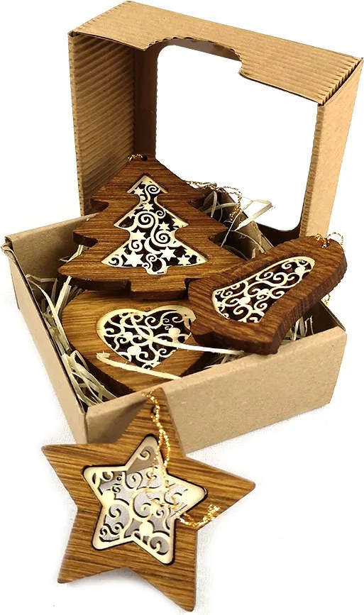 AMADEA Vianočný set 4 druhov drevených ozdôb z masívu s vkladom - ornament + krabička
