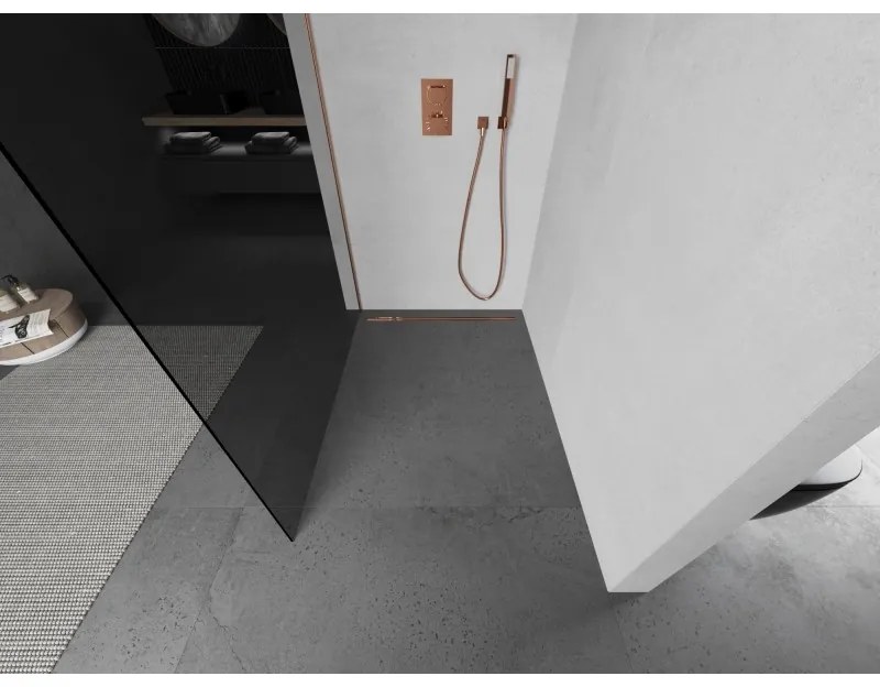 Mexen Kioto, sprchová zástena Walk-In 110 x 200 cm, 8mm šedé sklo, medený matný profil, 800-110-101-65-40