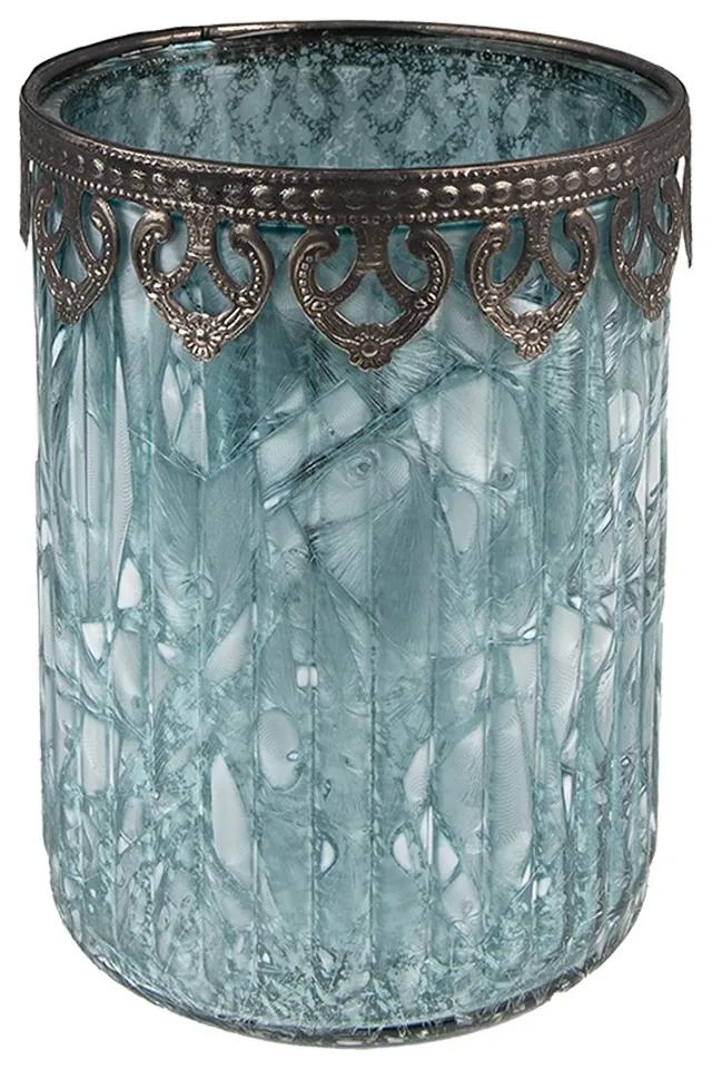 Tyrkysový sklenený svietnik na čajovú sviečku s ozdobným okrajom - Ø 11*14 cm
