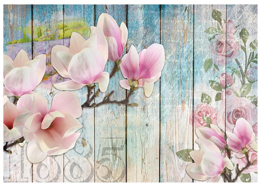 Artgeist Fototapeta - Pink Flowers on Wood Veľkosť: 100x70, Verzia: Standard