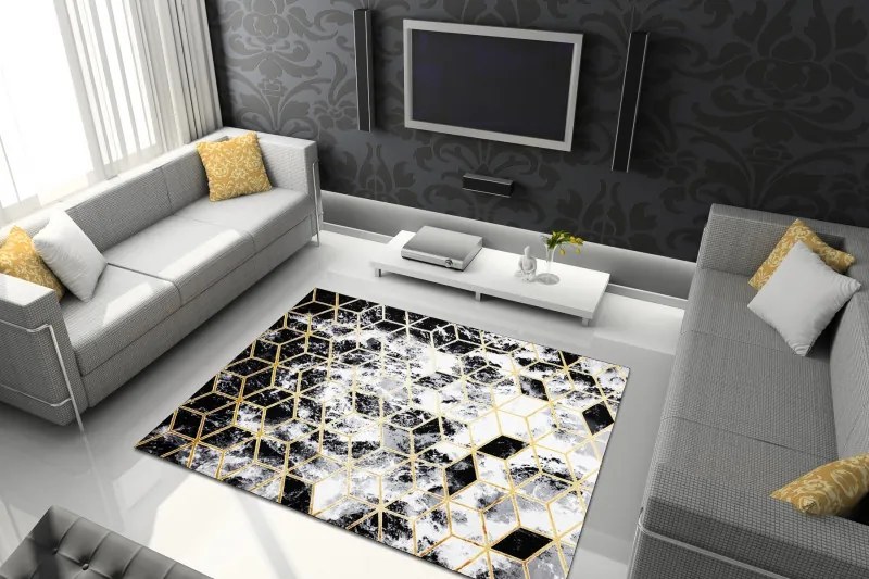 Dywany Łuszczów, Kusový koberec Gloss 409A 82 3D cubes black/gold/grey, 240x330, čiernobiela, kancelária