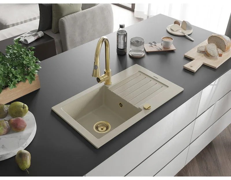 Mexen Pablo, 1-komorový granitový drez 752x436x161 mm a drezová batéria Elia, béžová, 6510-69-670101-50