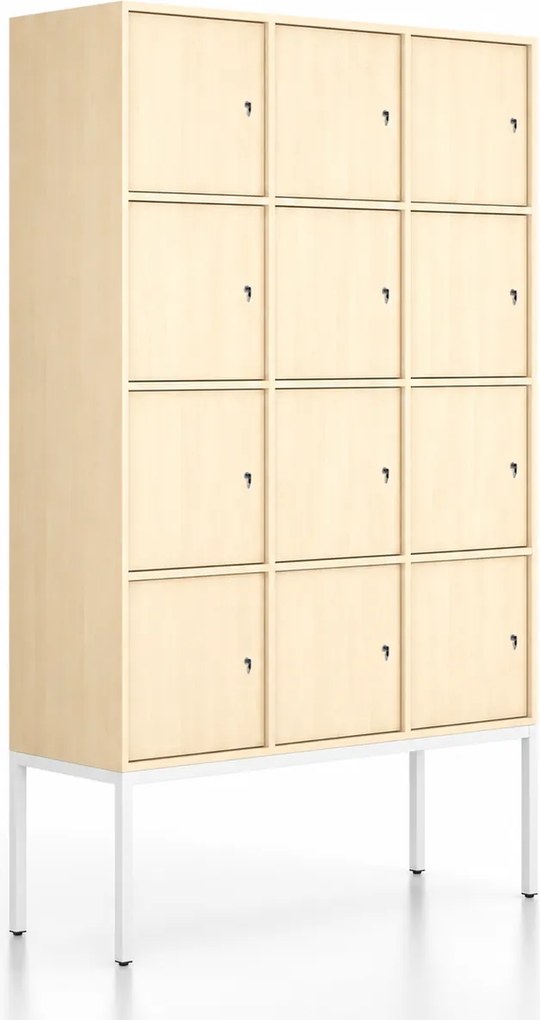 Kancelárska skriňa FRAME, biela podnož, 12x dvere, 1299 x 450 x 2185 mm, cylindrický zámok, breza
