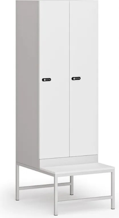 Šatníková skrinka S1 s lavičkou, 2 oddiely, 1875 x 600 x 500/800 mm, demont, mechanický kódový zámok, laminované dvere, biela