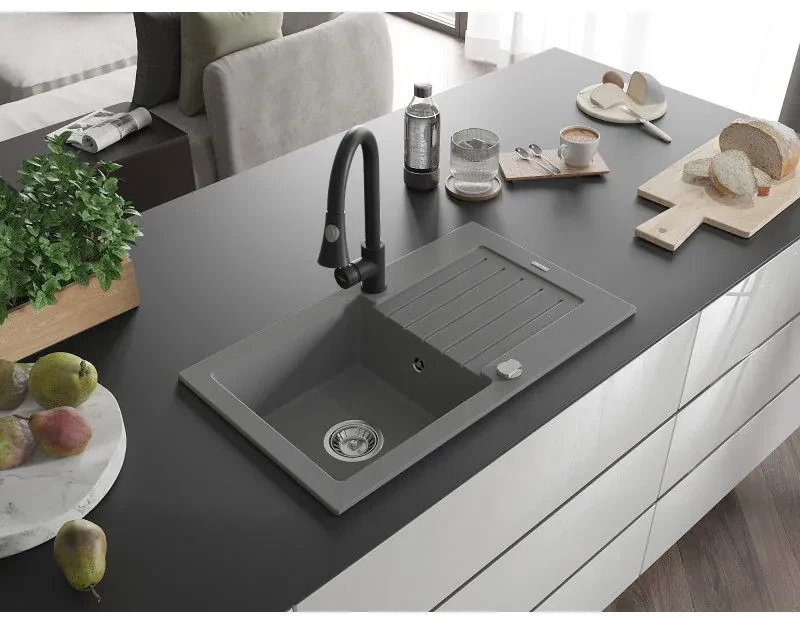 Mexen Pablo, 1-komorový granitový drez 752x436x161 mm a drezová batéria Elia, šedá, 6510-71-670101-70