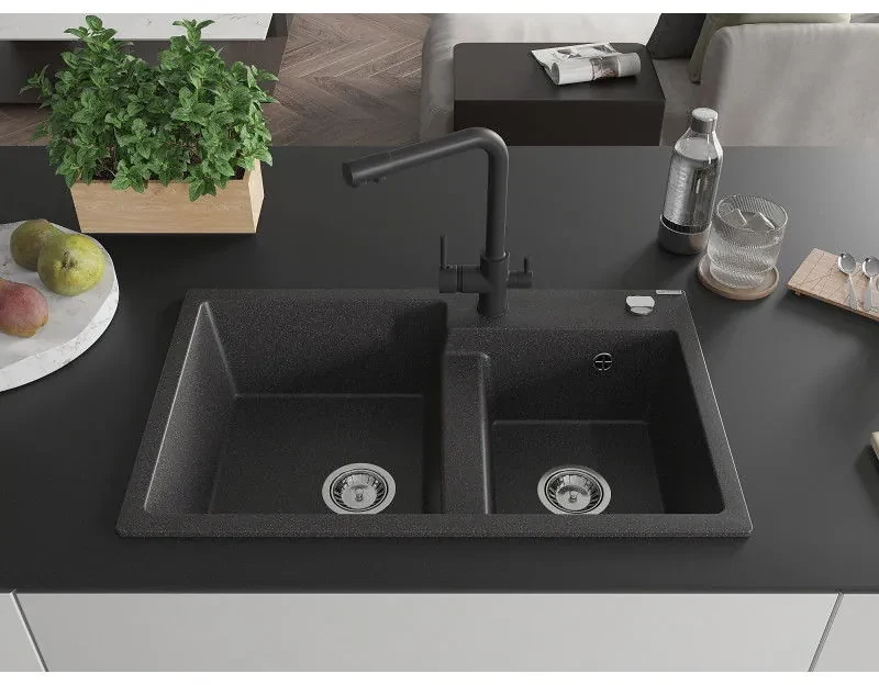 Mexen Tomas, granitový drez 800x500x190 mm, 2-komorový a čierna batéria Duero, čierna škvrnitá, 6516-76-671600-70
