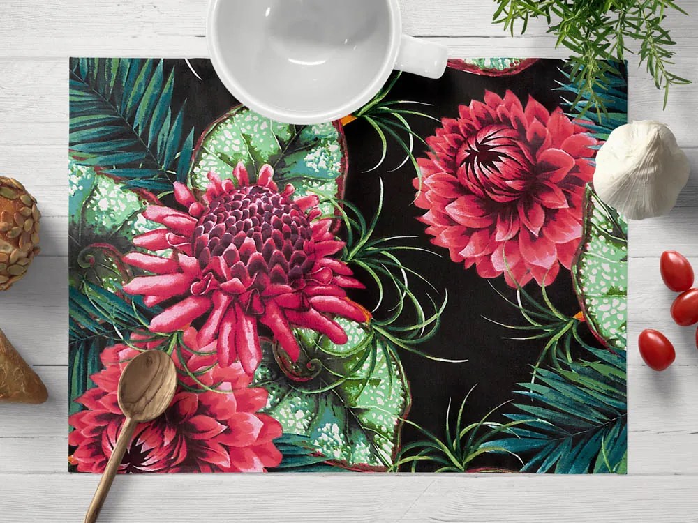 Biante Bavlnené prestieranie na stôl Sandra SA-566 Veľké tropické kvety a listy na čiernom 30x40 cm