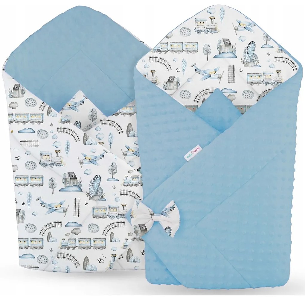Obojstranná zavinovačka pre bábätká 80x80 cm BABYMAM PREMIUM - Dopravné prostriedky s modrou minky