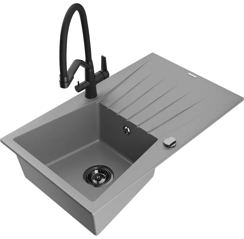 Mexen Cesar, 1-komorový granitový drez 775x470x190 mm a drezová batéria Duo, šedá, 6514-71-671701-70-B