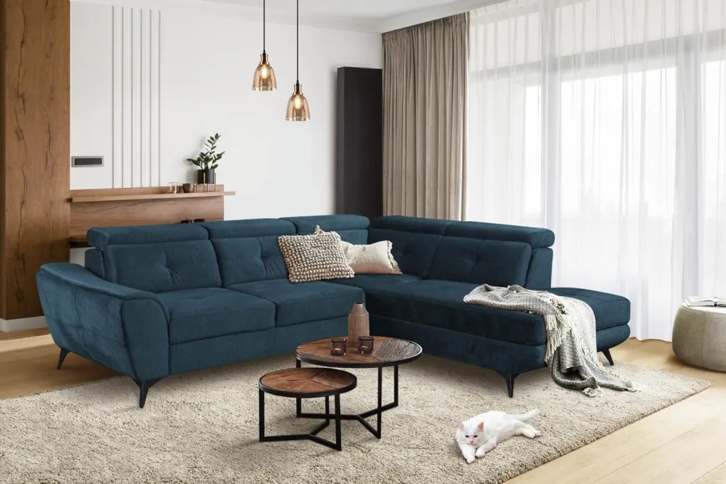 Rohová sedacia súprava Sergio, námornícka modrá látka, pravý roh
