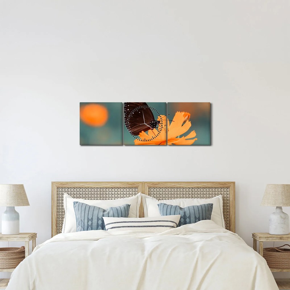 Obraz - motýľ na oranžovom kvete (s hodinami) (90x30 cm)