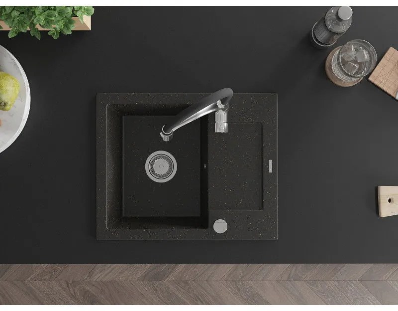 Mexen Enzo, 1-komorový granitový drez 576x465x174 mm a drezová batéria Aster, čierna-zlatá metalíza, 6506-75-73450-07
