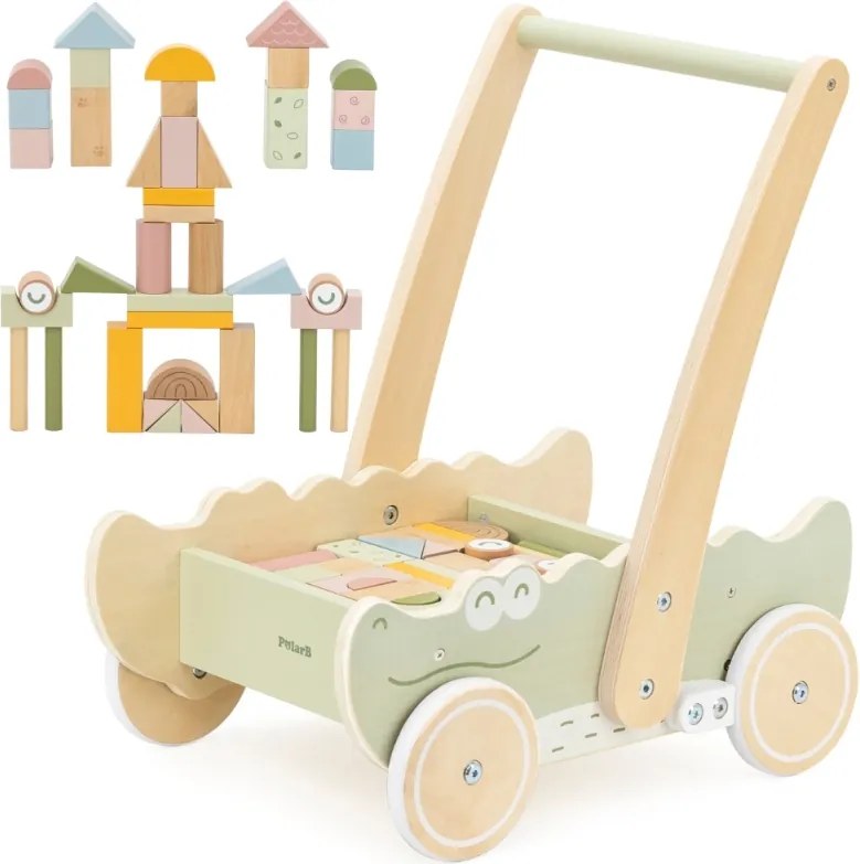 Drevený blokový vozík – krokodíl | Chodítko s kockami pre deti