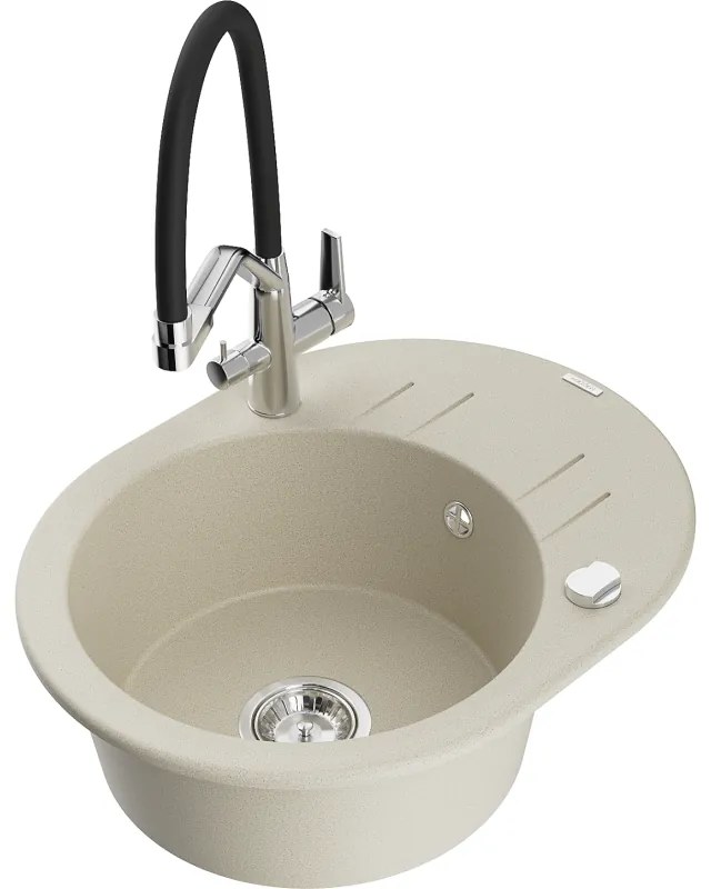 Mexen Kevin, granitový drez 586x458x190 mm, 1-komorový a biela batéria Duo, béžová, 6517-69-671701-07
