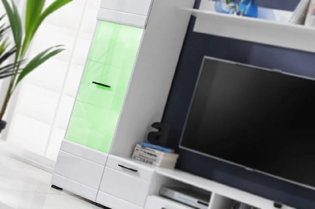 FURNIVAL Switch obývacia stena s osvetlením biela / biely lesk