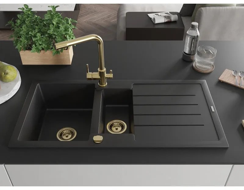 Mexen Andres, granitový drez 1000x500x200 mm, 1,5-komorový + zlatá batéria Duero, čierna, 6515-77-671600-50