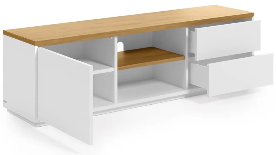 Biely TV stolík v dekore duba 150x44x36 cm Abilen – Kave Home