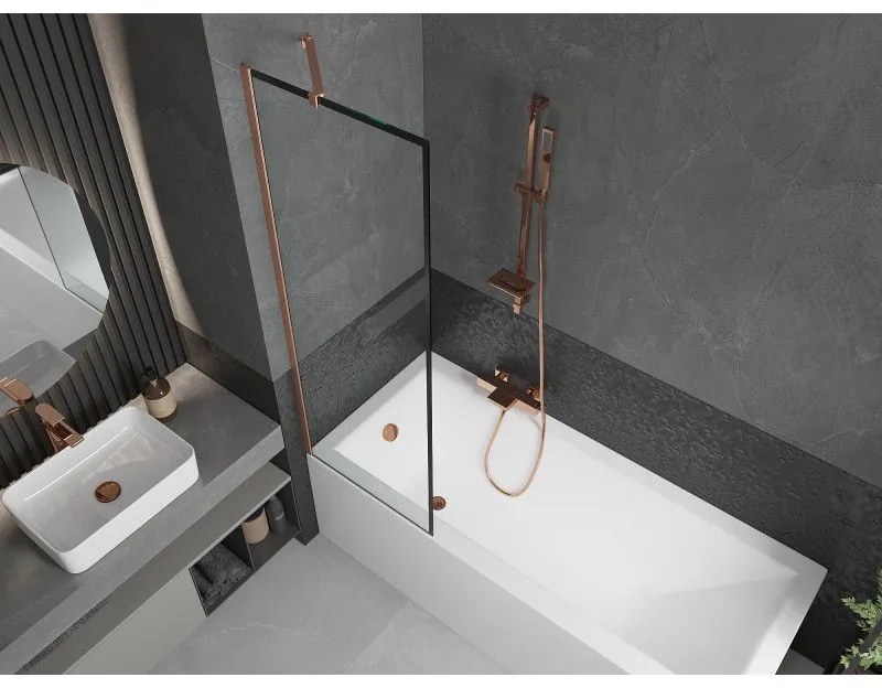 Mexen Next, 1-krídlová vaňová zástena 60 x 150 cm, 6mm číre sklo - čierny vzor, medená matná, 895-060-000-00-70-65