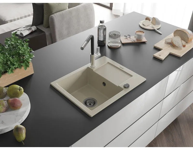 Mexen Enzo, 1-komorový granitový drez 576x465x174 mm a drezová batéria Flora, béžová, 6506-69-670401-07-B