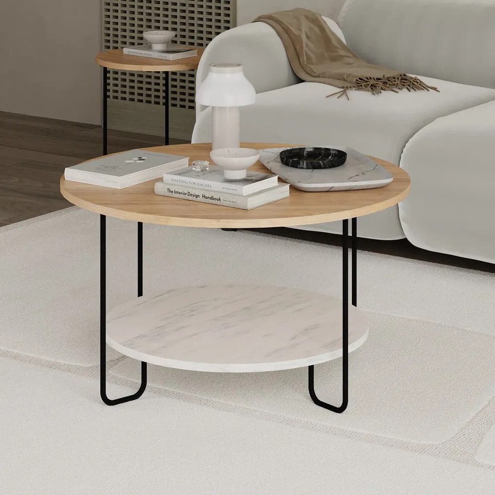 Okrúhly konferenčný stolík s doskou v dubovom dekore v prírodnej farbe ø 80 cm Tonka – Marckeric