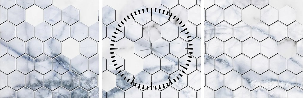Obraz - Mramorované hexagóny (s hodinami) (90x30 cm)