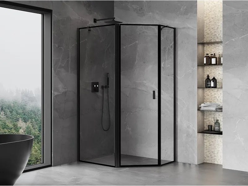 Mexen Mist, päťuholníkový sprchový kút, ľavý 90 x 80 cm, číre sklo-čierny rám, 8A8-090-080-70-70-L