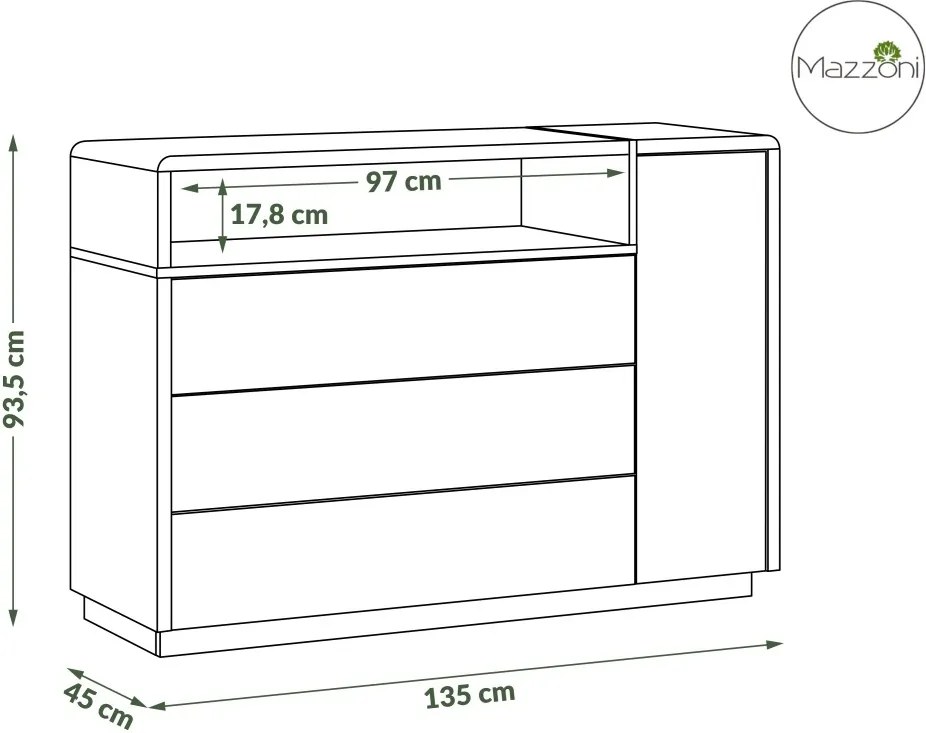 Mazzoni FOLK K-135 komoda, biely mat / beton, obývací pokoj