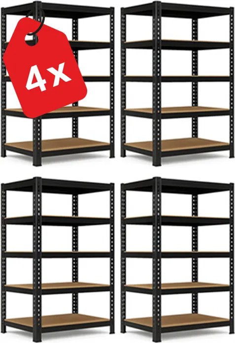 Akcia 4x Regál 216x120x50 cm profesionálny 5-policový, nosnosť 2000 kg - čierny - 4ks
