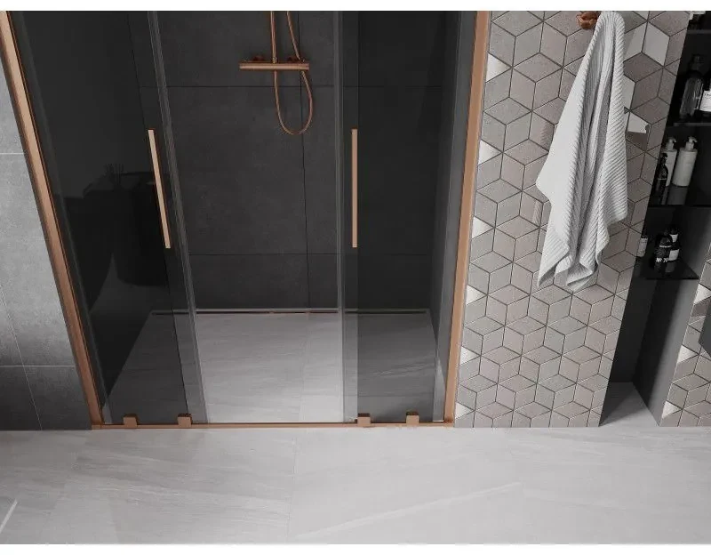 Mexen Velar L Duo, posuvné sprchové dvere do otvoru 140 cm, 8mm šedé sklo, medená matná, 871-140-003-42-65